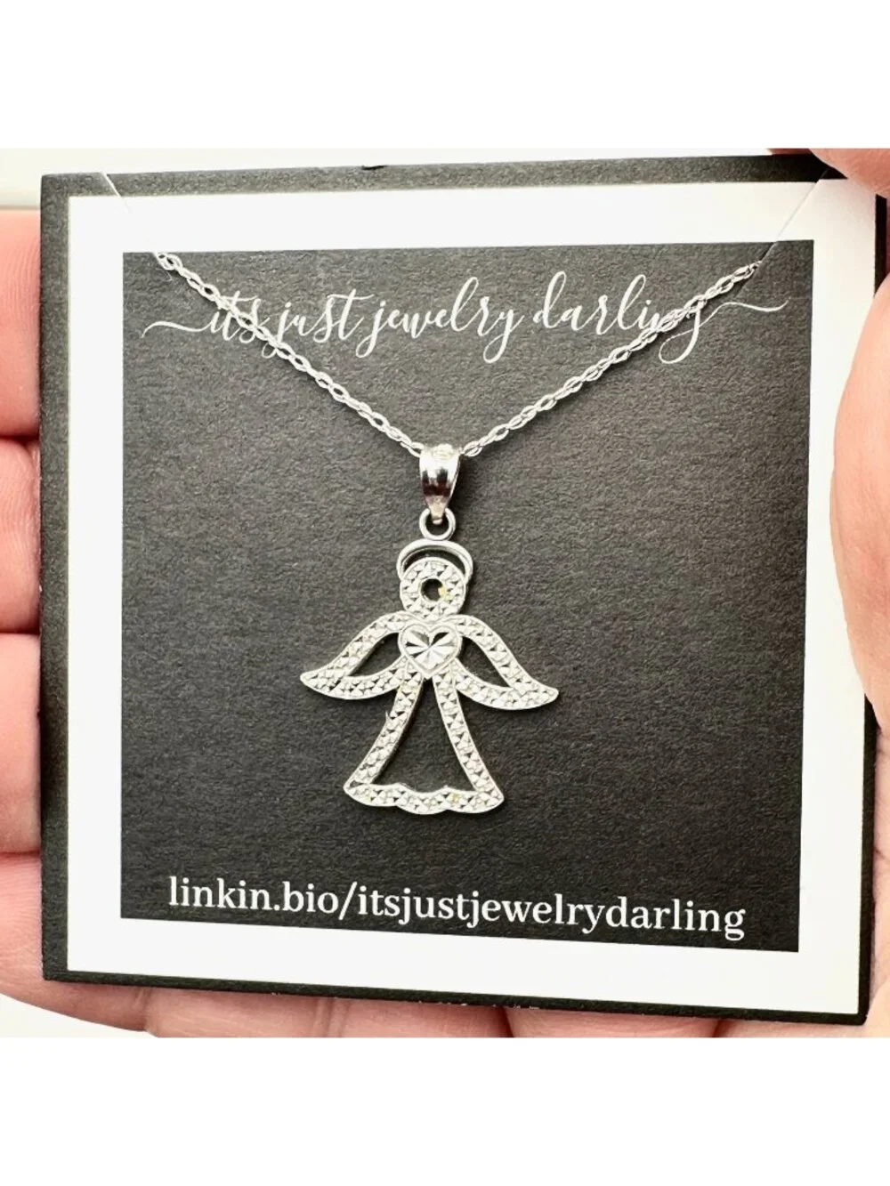 14K White Gold Womens Necklace Angel Heart Pendant 18